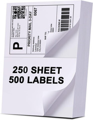 (500 Labels/250 Sheets) Half Sheet Labels, Shipping Labels 2 per Sheet for Lase
