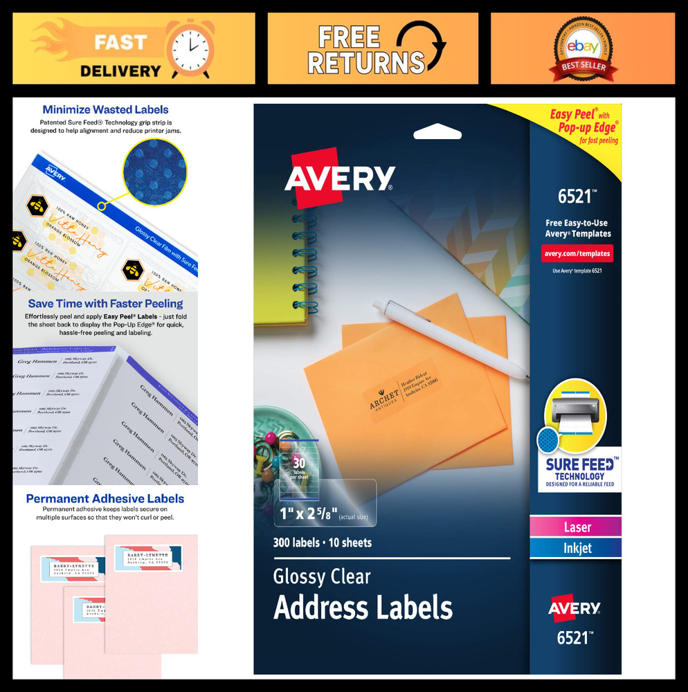 Printable Address Labels, 1″ x 2-5/8″, Glossy Clear, 300 Blank Mailing Labels fo