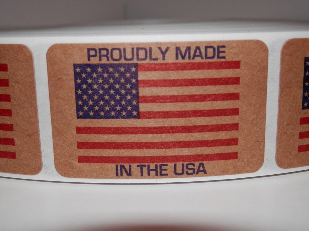 PROUDLY MADE IN THE USA AMERICA 1.25×2 Flag Sticker Label brown kraft 250/rl