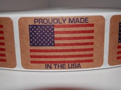 PROUDLY MADE IN THE USA AMERICA 1.25×2 Flag Sticker Label brown kraft 250/rl