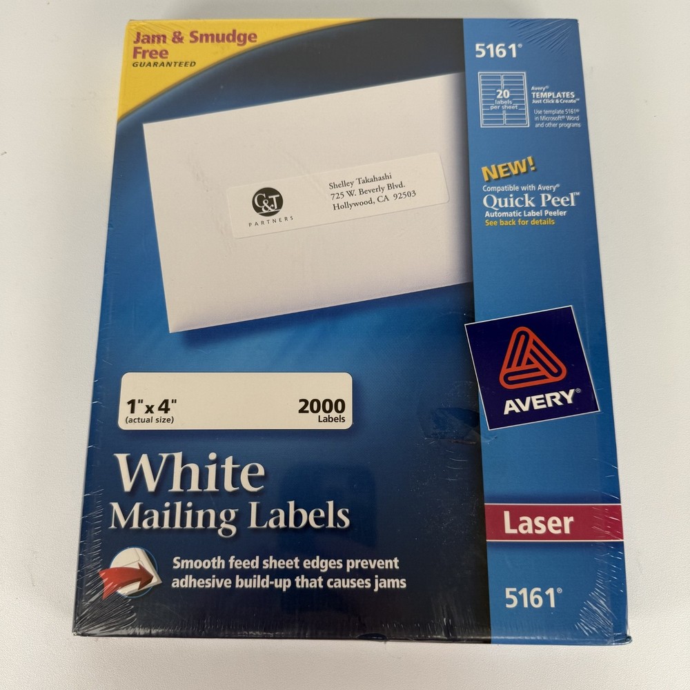 AVERY 5161 White QUICK PEEL Mailing Address Labels, 1″ x 4″, 2000pcs 100 sheets