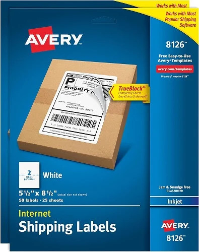 TrueBlock(R) Shipping Labels Inkjet 5.5×8.5in White 2-up 25-sheets 50/PK – 5EA