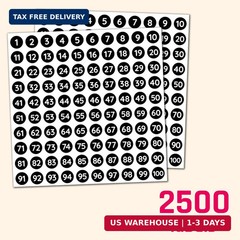 25 Sheets, 1-100 Number Stickers Labels – 0.4″ Round, Black, Pack of 2500