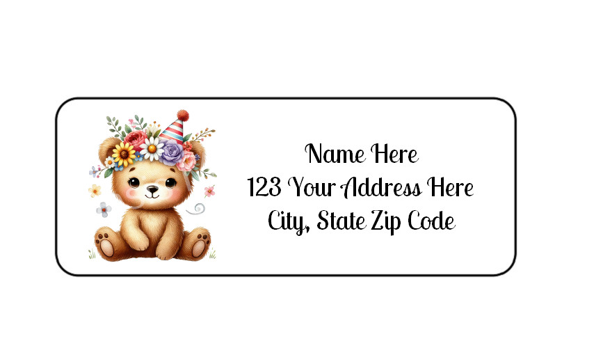 30 Birthday Bear PERSONALIZED RETURN ADDRESS LABELS 1 in X 2 5/8 GLOSSY