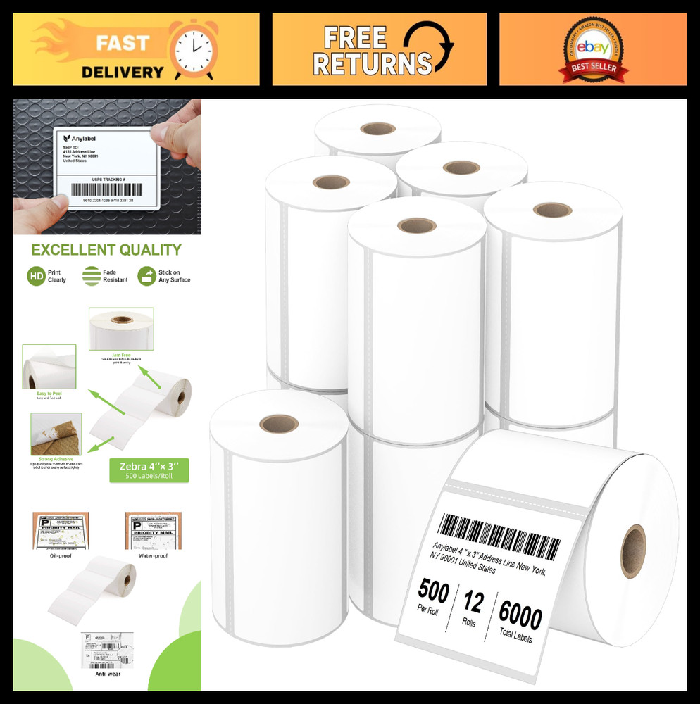 4″x3″ Direct Thermal Shipping Labels – 12 Rolls, 500 Labels/Roll, Barcode Sticke