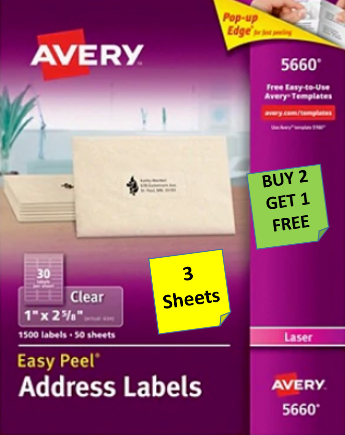 [3 Sheets] Avery 15660/5660/5630 Matte Clear Address Labels 1 x 2 5/8 LASER B2G1