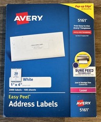 Avery Easy Peel Mailing Address Labels Laser 1 x 4 White 2000/Box 5161 NEW