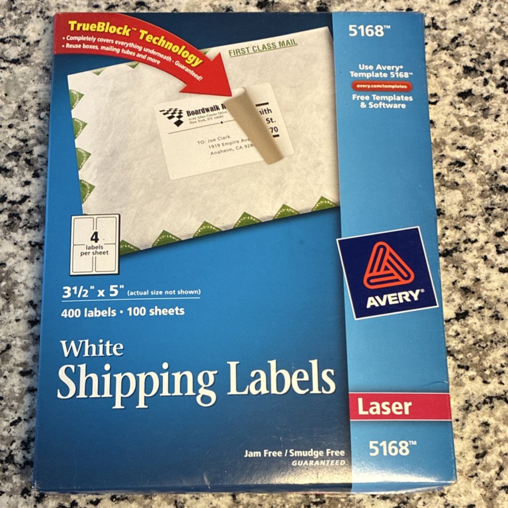 Avery 5168 White Shipping Labels 3.5 x 5 in 400 Pack Laser TrueBlock Technology