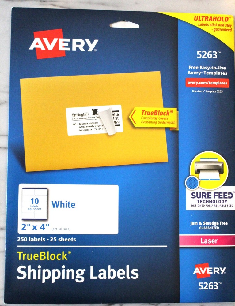 Avery Shipping Labels Laser Printer White 2×4″ TrueBlock 5263 250 Labels