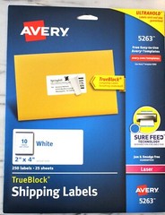 Avery Shipping Labels Laser Printer White 2×4″ TrueBlock 5263 250 Labels