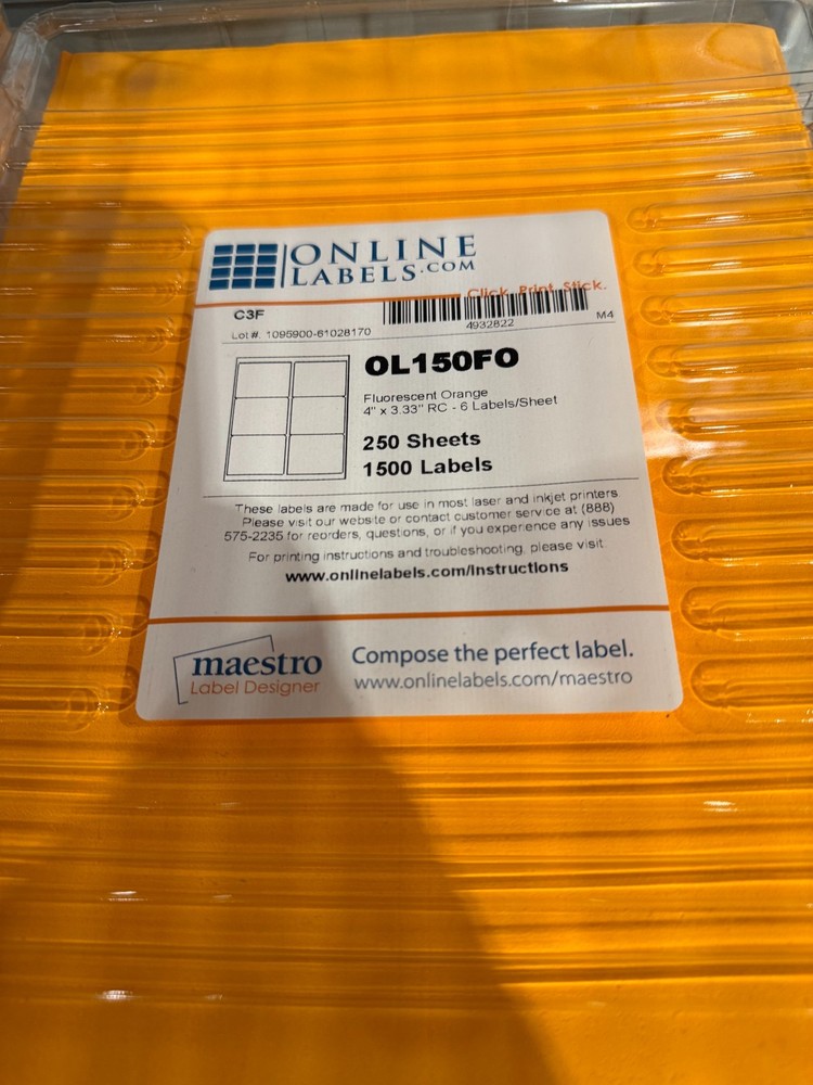 Online Labels Fluorescent Neon Orange 4″x3.33″ Labels 250 Sheets 1500 Total