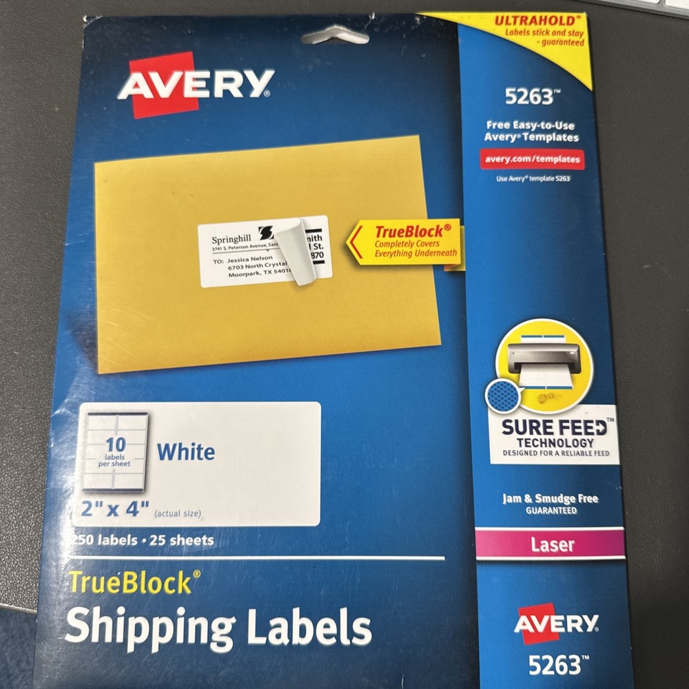 Avery Shipping Labels White 2×4 TrueBlock Technology, Laser, 5263 Open Package