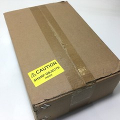 ⚠CAUTION SHARP OBJECTS INSIDE Warning Sticker Label Yellow 2.25″ L x 1.25″ H
