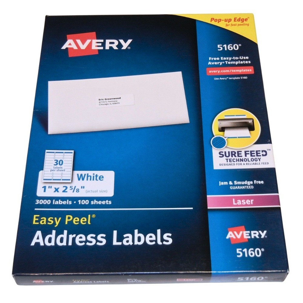 Avery 5160 Easy Peel Address Labels White Laser 1×2-5/8 In 3000 Count 100 Sheets
