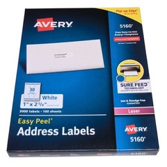Avery 5160 Easy Peel Address Labels White Laser 1×2-5/8 In 3000 Count 100 Sheets