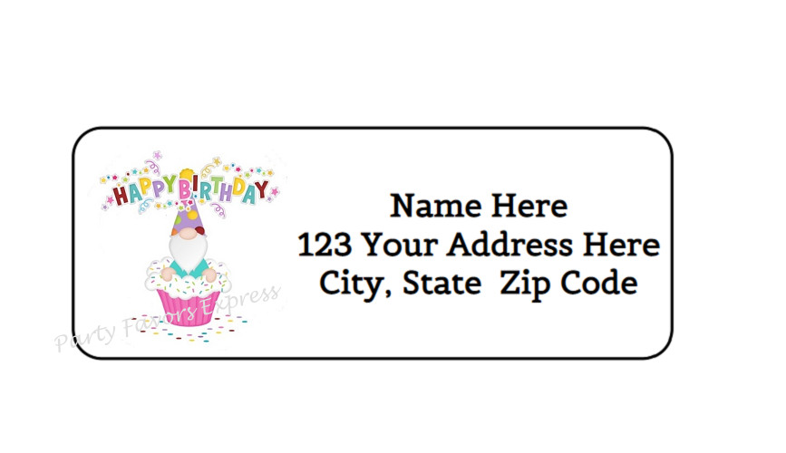30 GNOME HAPPY BIRTHDAY PERSONALIZED RETURN ADDRESS LABELS 1 in X 2.625 in