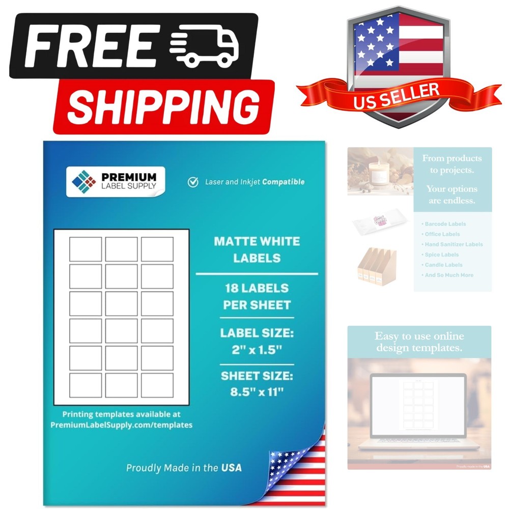 White Sticker Labels – 2″ x 1.5″ – Laser/Inkjet Compatible – 18 per Sheet, 25…