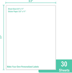 30 Printable White Sticker Paper Full Sheet Label, Matte, 8.5″ X 11″ for Laser &