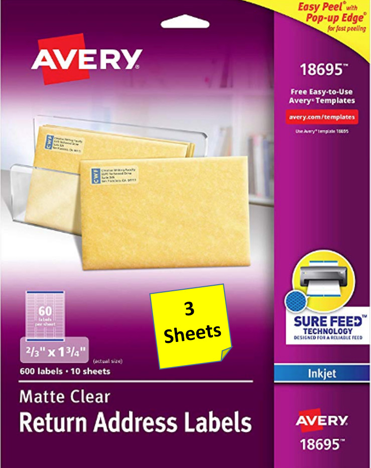 [3 Sheets] Avery 18695 Matte Clear Return Address Labels 2/3 x 1 3/4 Inkjet