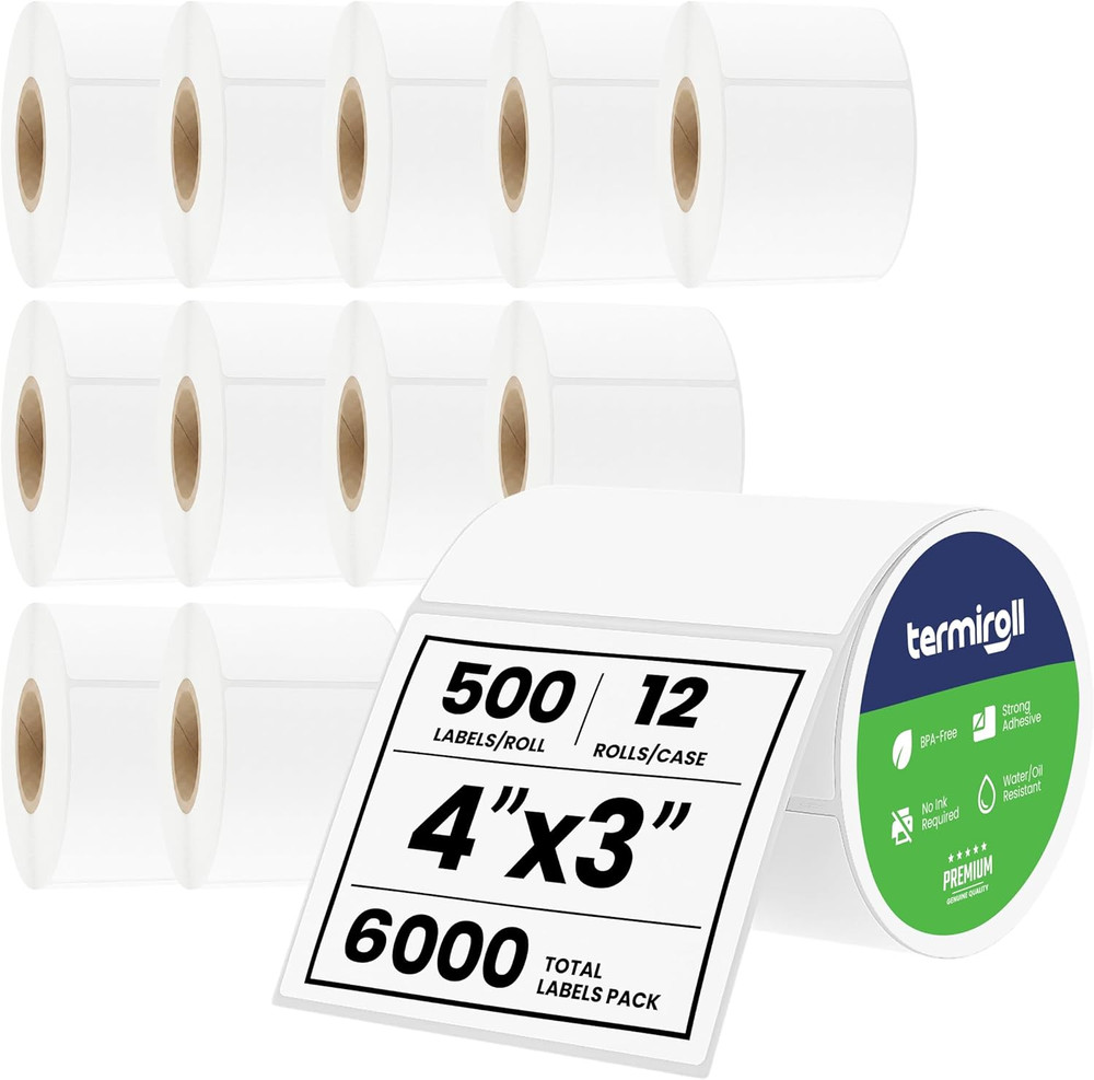 12 Roll Bulk Pack 4×3 Direct Thermal Labels – 6000 Barcode Labels, No Ink Needed