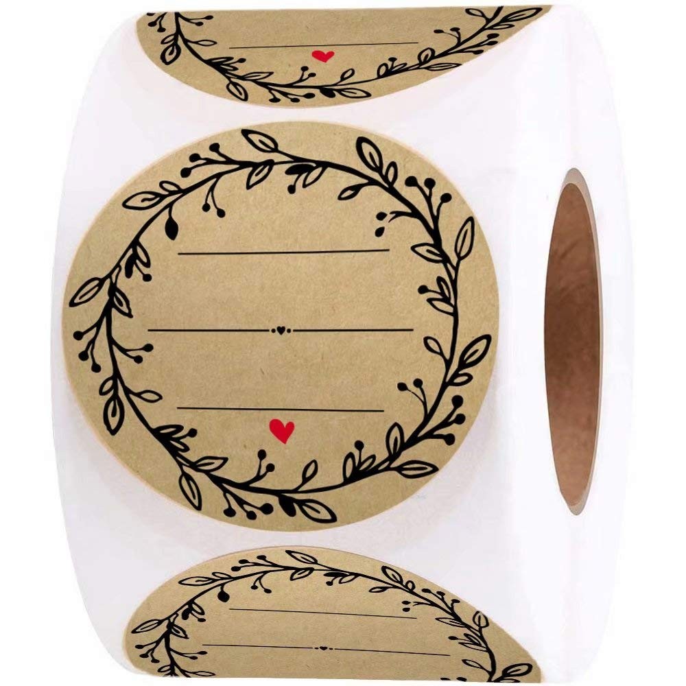 2 Inch Wreath Design with 3 Lines for Writing (500 Labels per roll) Natural B…