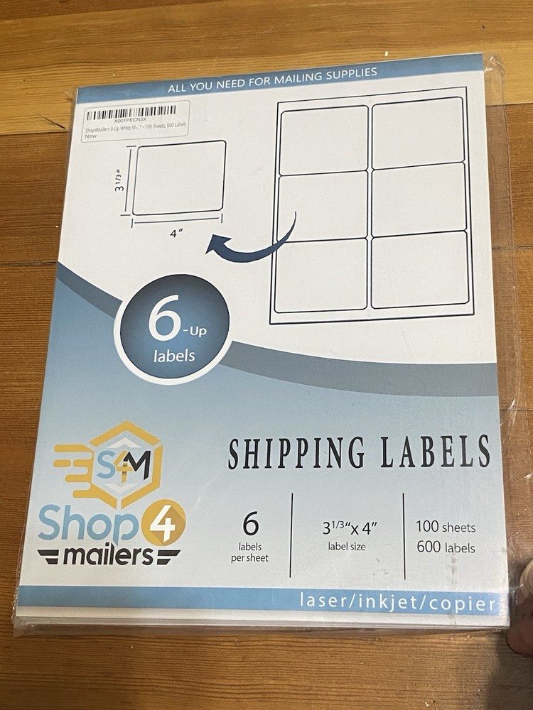 Shop4Mailers 6-Up White Shipping Labels 100 Sheets, 600 Labels 3 1/3” x 4”
