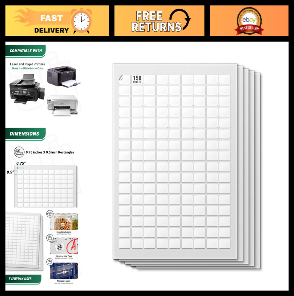 Blank Rectangle Labels 0.75″ x 0.5″ – 144 Labels/Sheet, 150 Sheets, Water Resist