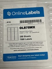 Online Labels A1A 250 Sheets, 7500 Labels, Standard White Matte, 2.625”x1”