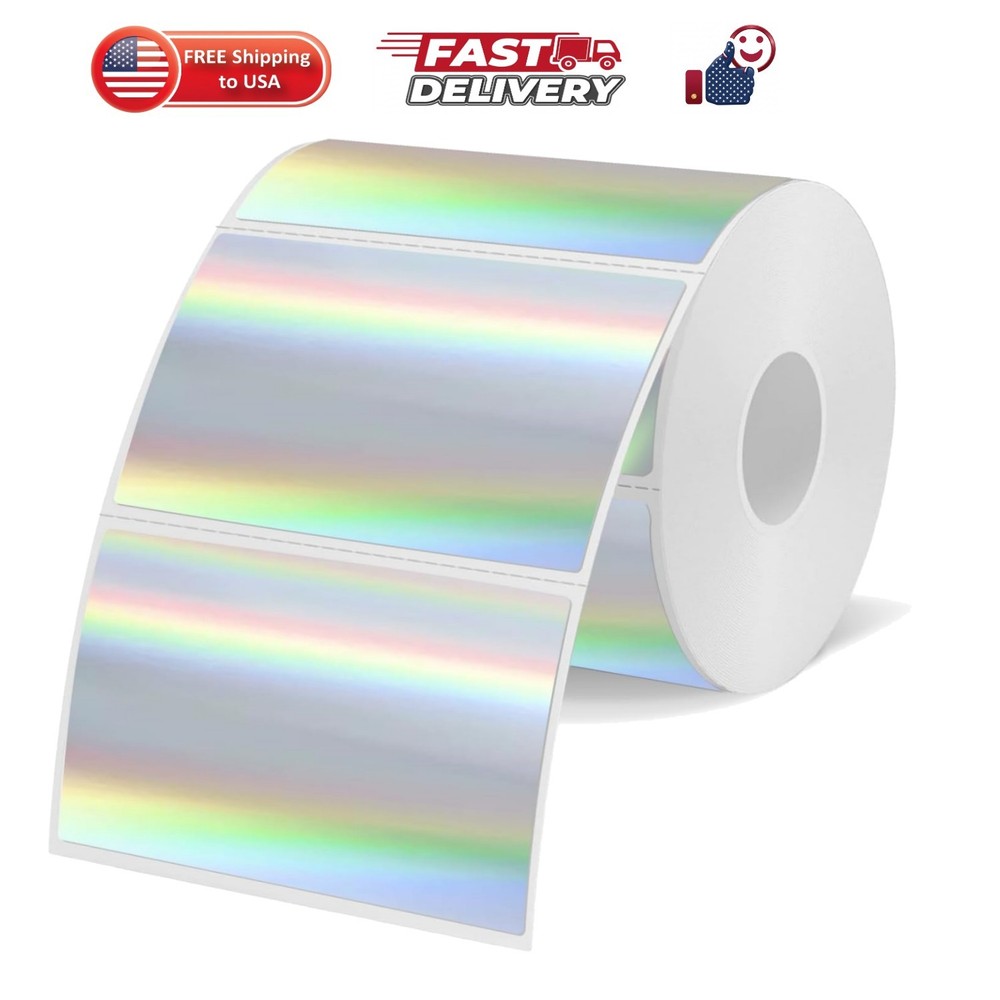 3×2 Inch Holographic Thermal Labels, Silver Thermal Sticker Labels, Rainbow G…