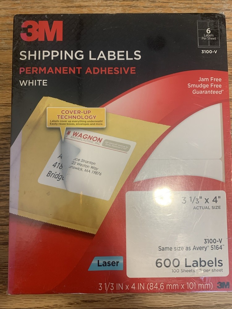 3M White Shipping Labels Cover Up Technology 3-1/3″ x 4″ Laser 600/Pk (3100-V)