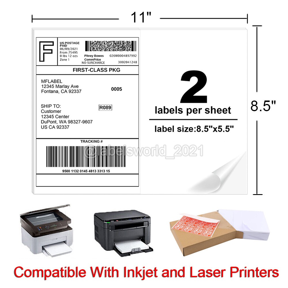 50-8000 Mailing Shipping Labels 8.5″x5.5″ Half Sheet Self Adhesive Blank Labels