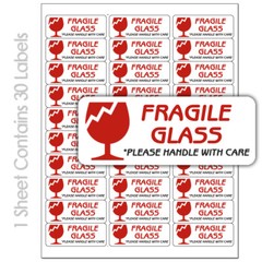 FRAGILE GLASS / 30 PER SHEET CUSTOM PRINTED SHIPPING LABELS STICKERS