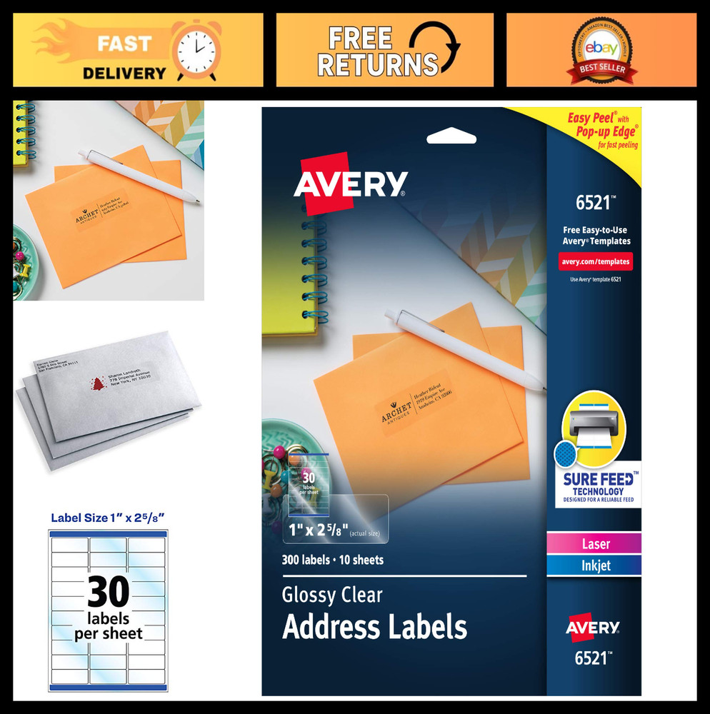 Printable Address Labels, Glossy Clear 1″ x 2-5/8″, 300 Blank Mailing Labels for