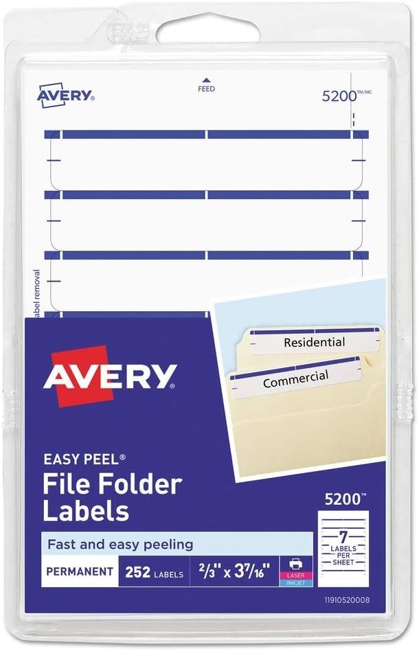 Permanent File Folder Labels, 11/16 x 3 7/16, White/Dark Blue Bar, 252/Pack