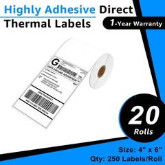 20 Rolls 250 Labels 4X6 Shipping Direct Thermal for Zebra LP 2844 Eltron ZP450