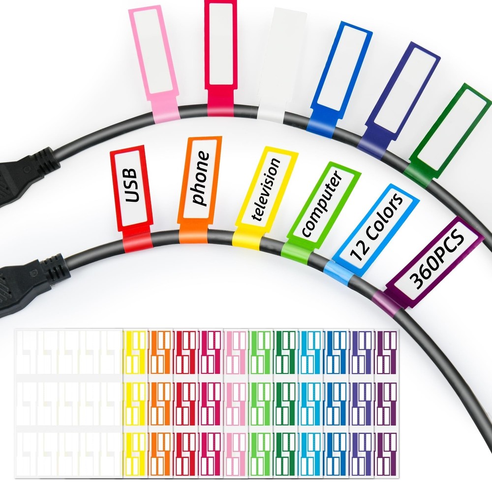 360PCS Cable Labels, 12 Colors Waterproof Cable Tags Wire Cord Label for Elec…