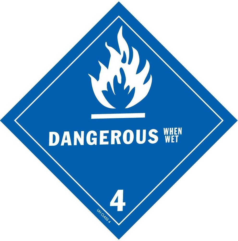 DANGEROUS WHEN WET Hazard Class 4 D.O.T. Shipping Labels 4 x 4 Roll of500 HML409