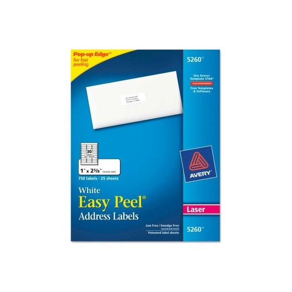 Avery Easy Peel Laser Address Labels, 1 x 2-5/8, White, 750/Pack 5260