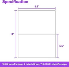 100 Sheet Half Page Shipping Labels 8.5 x 11 Sheets White Permanent Adhesive