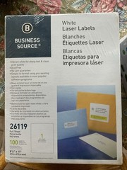 Business Source Mailing Labels Full Sheet Laser 8-1/2″x11″ 100/PK White 26119