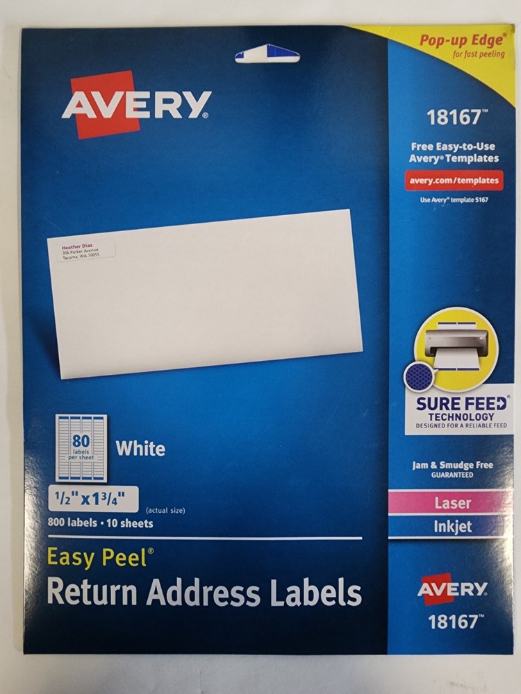 Avery 18167 Return Address Label Laser/Inkjet 1/2-Inch X 1 3/4-Inch 800/Pk White