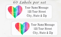 60 Personalized Return Address Labels 2/3″ x 1 3/4″- Watercolor Rainbow Heart