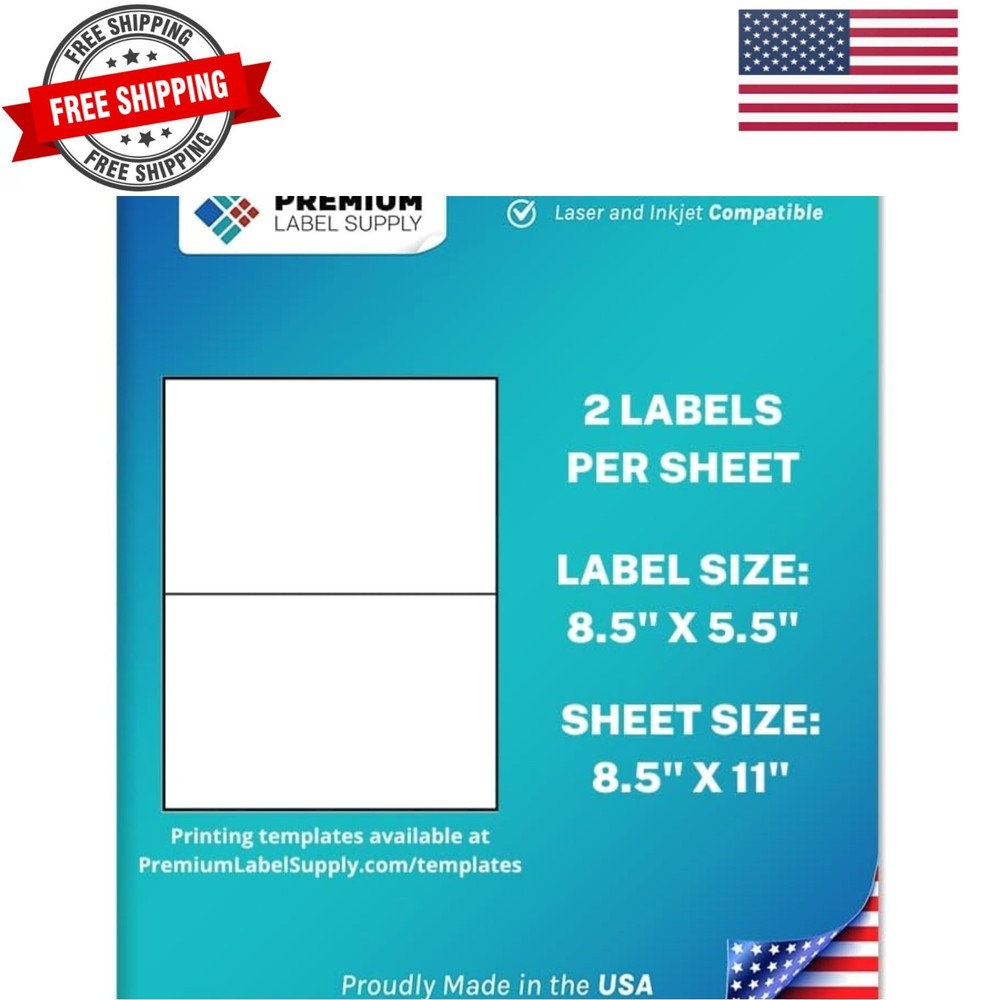 White Sticker Half Sheet Labels – 8.5″ x 5.5″ – Laser/Inkjet Compatible – 2 p…