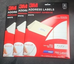 3/PK 3M 3200A Permanent Adhesive White Inkjet Address Labels 1” x 2 5/8” NEW