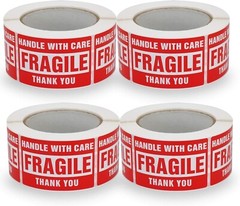 4 Rolls/2000 Labels,handle With Care Fragile Thank You, Red Warning (2″ X 3″)