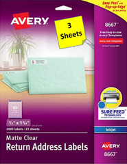 [3 Sheets] Avery 18667/8667 Matte Clear Return Address Labels 1/2 x 1-3/4 INKJET