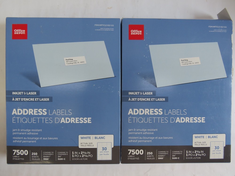 Office Depot Inkjet/Laser Address Labels, 1″ x 2 5/8″, White, 2 Boxes Of 7,500
