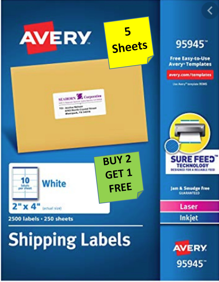 [5 Sheets] Avery 95945/8463/8163 Mailing Labels 2″ x 4″ Inkjet/Laser B2G1