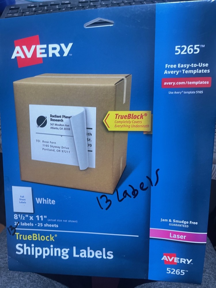5265 Avery 13 Full-Sheet Labels TrueBlock Technology Laser 8 1/2 x 11 White(3J)