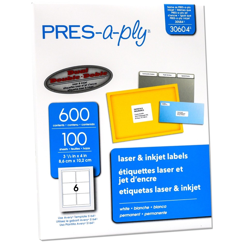 PRES-a-ply 30604 Laser & Inkjet Labels, 3-1/3 x 4″, Box of 600
